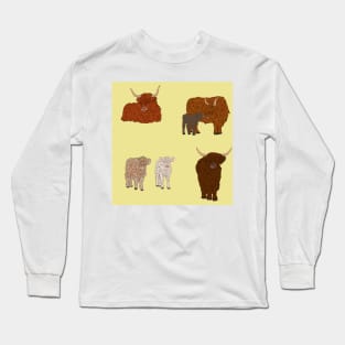 Highland Cows Pattern Yellow Long Sleeve T-Shirt